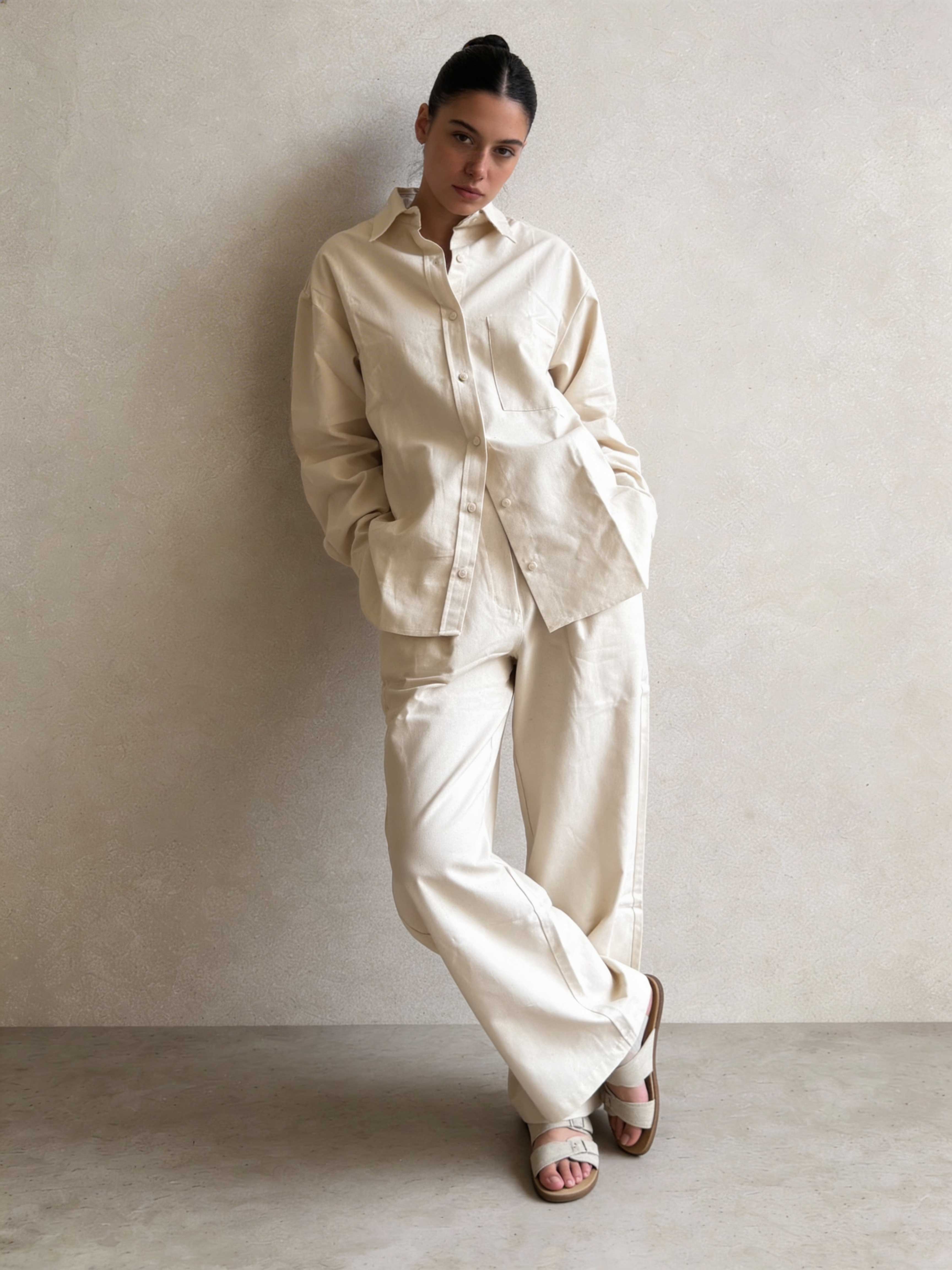 Trousers – Ecru Wide-Leg Linen Effect Trousers