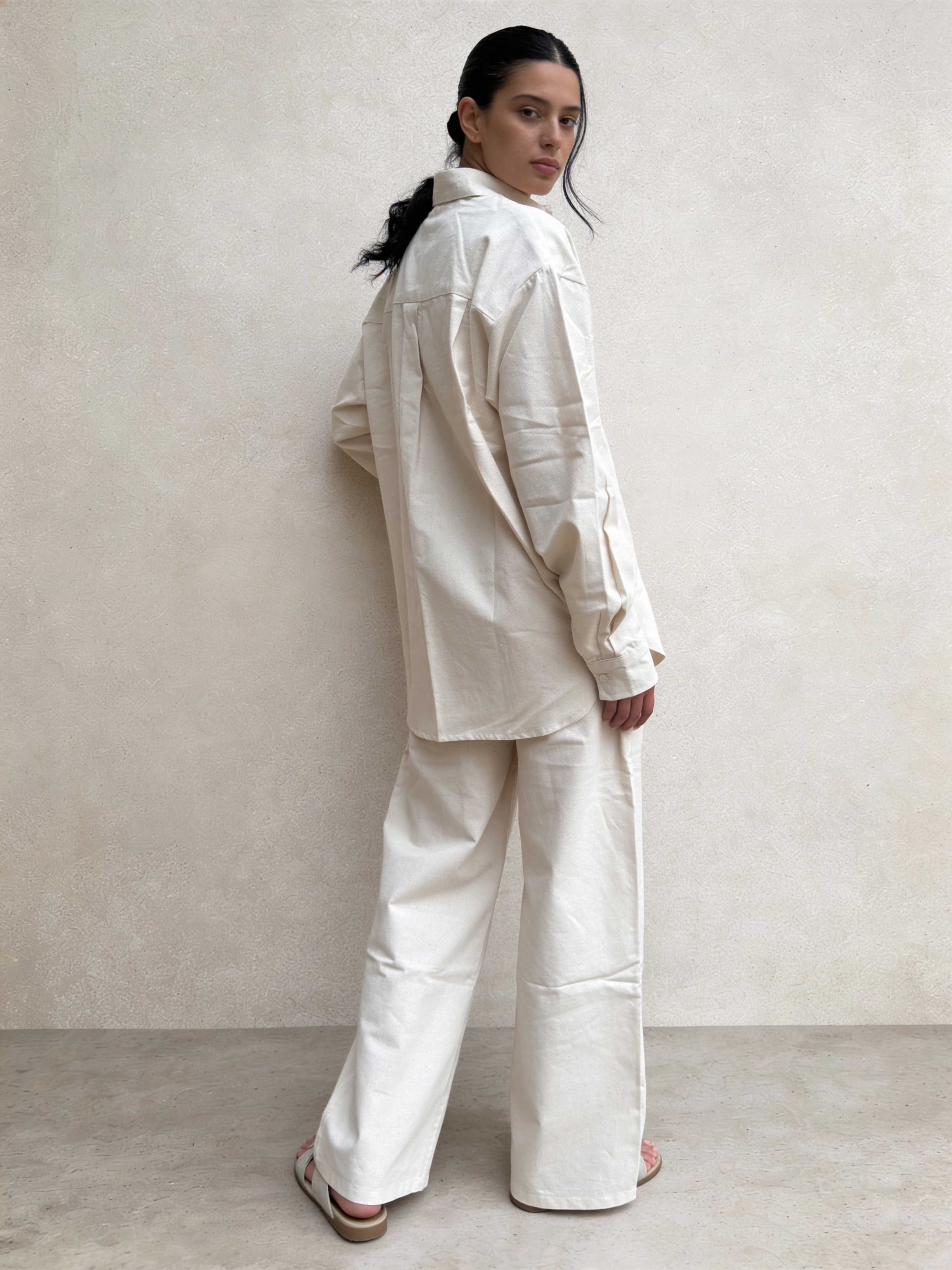 Trousers – Ecru Wide-Leg Linen Effect Trousers Wide Leg , non denim , trousers CIZARO - Cizaro Jeans