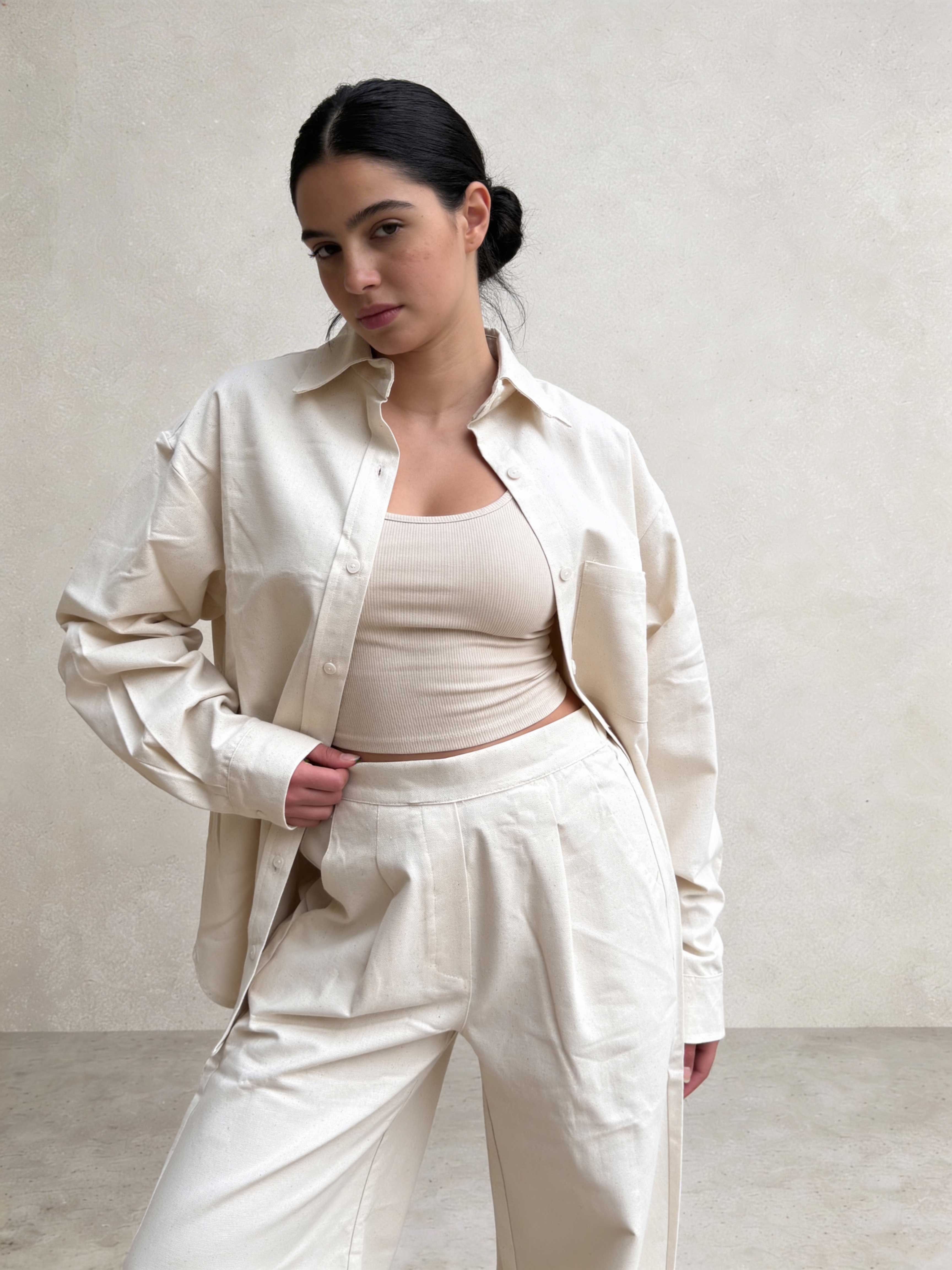 Trousers – Ecru Wide-Leg Linen Effect Trousers Wide Leg , non denim , trousers CIZARO - Cizaro Jeans