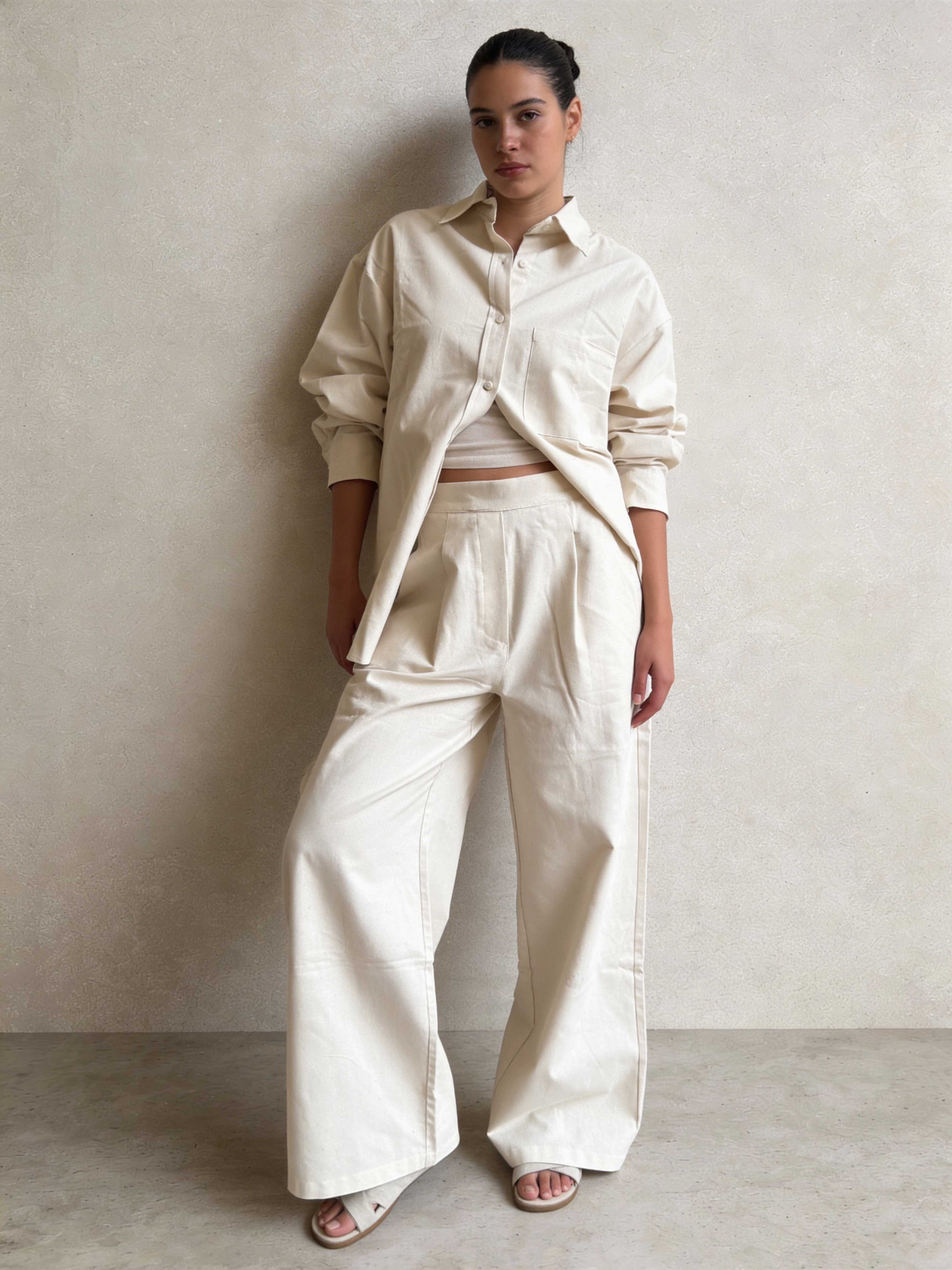 Trousers – Ecru Wide-Leg Linen Effect Trousers Wide Leg , non denim , trousers CIZARO - Cizaro Jeans