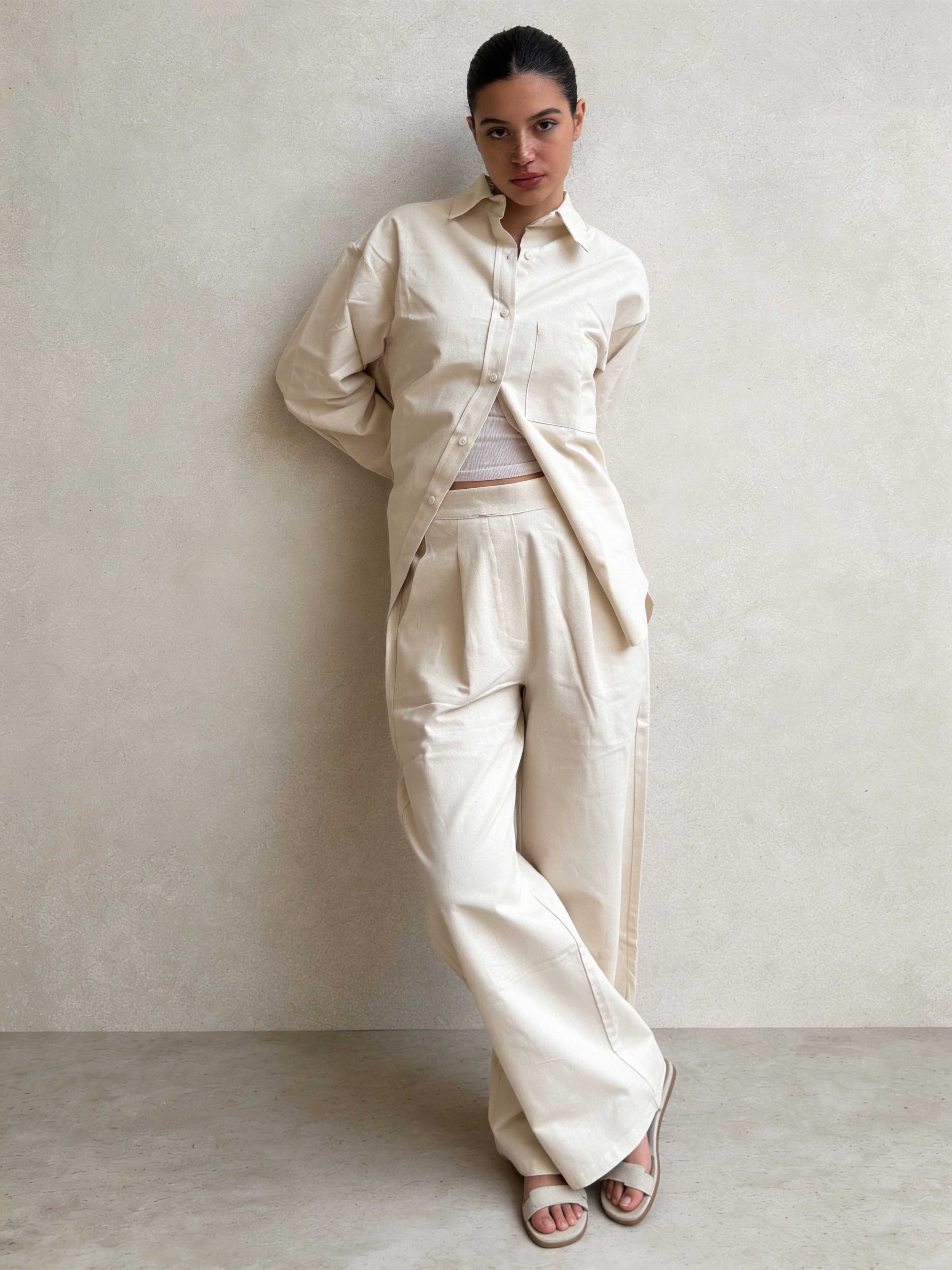 Trousers – Ecru Wide-Leg Linen Effect Trousers Wide Leg , non denim , trousers CIZARO - Cizaro Jeans
