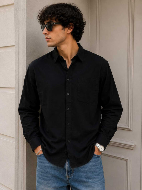 Regular Fit Linen-Blend Shirt – Black