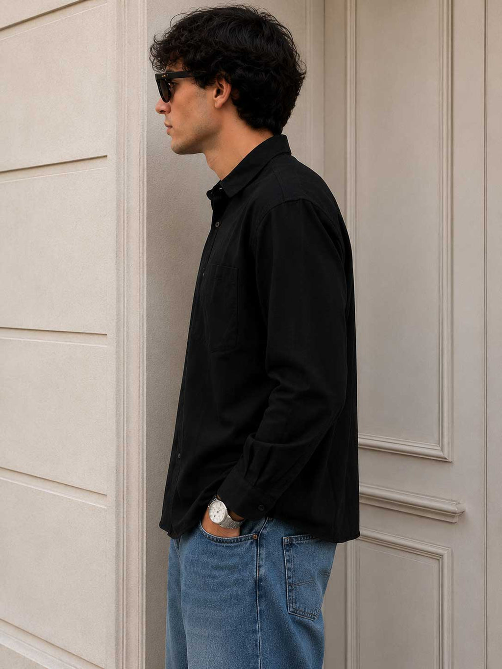 Regular Fit Linen-Blend Shirt – Black