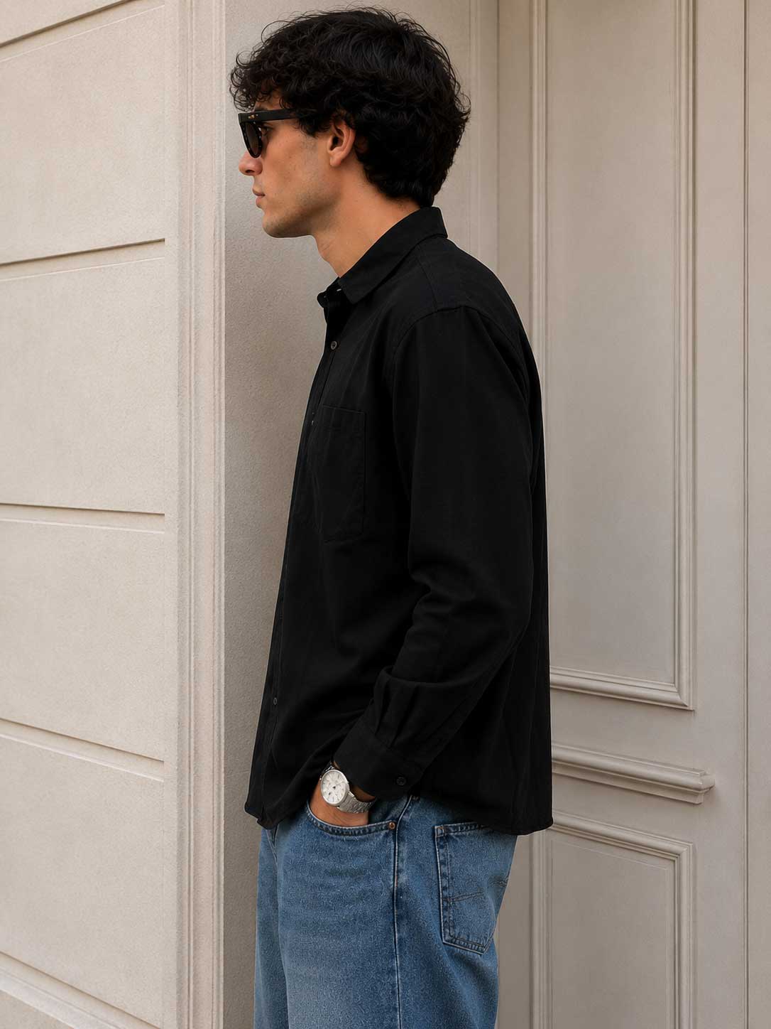 Regular Fit Linen-Blend Shirt – Black