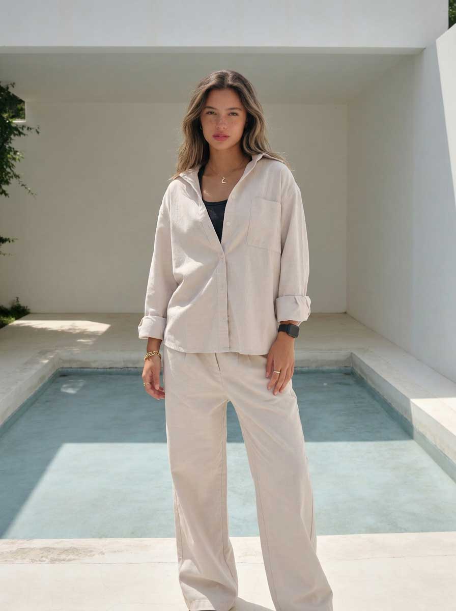 Soft Sand Oversized Shirt – Linen Effect Shirt - summer collection - linen sets CIZARO - Cizaro Jeans