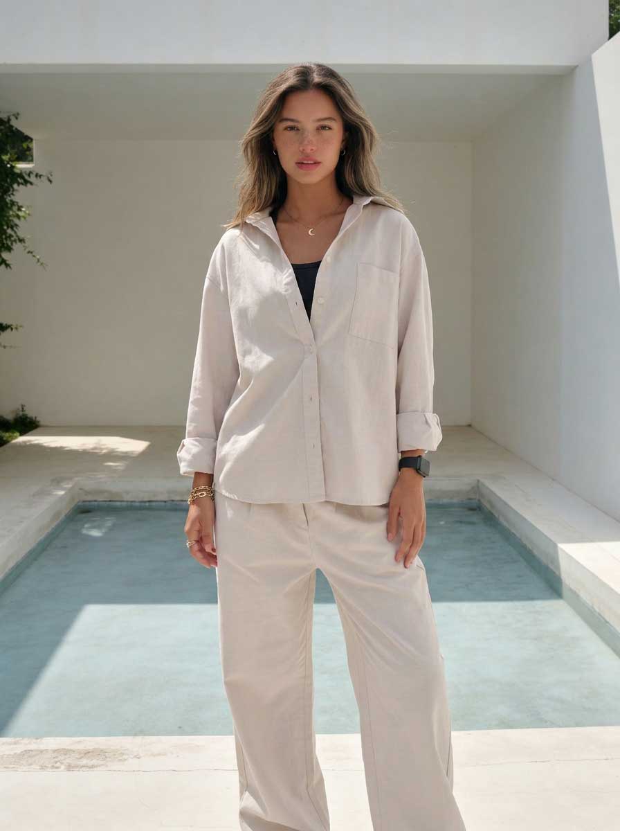 Soft Sand Oversized Shirt – Linen Effect Shirt - summer collection - linen sets CIZARO - Cizaro Jeans