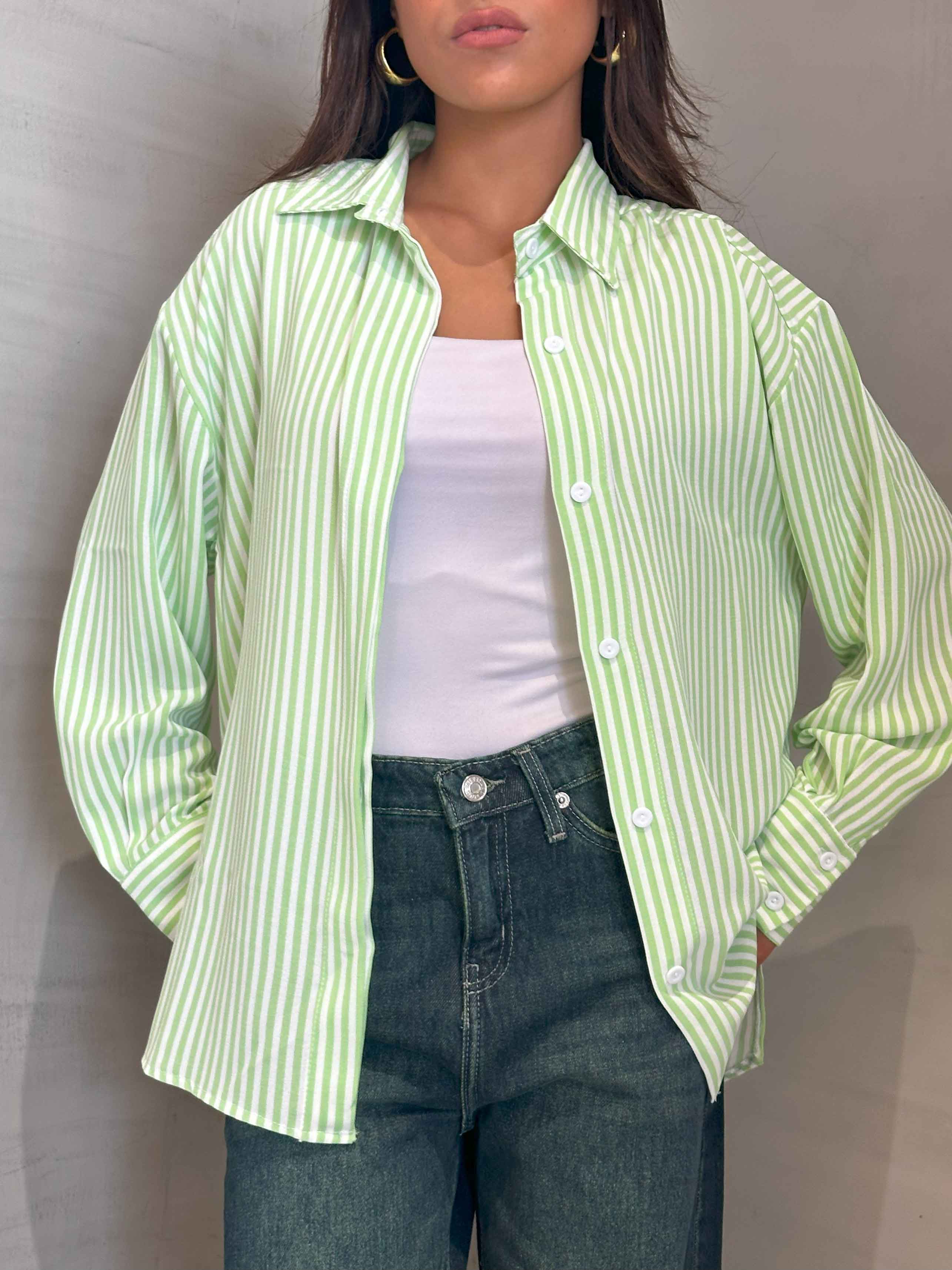 Shirt - Lime Green/White Striped. New Line CIZARO    - Cizaro Jeans