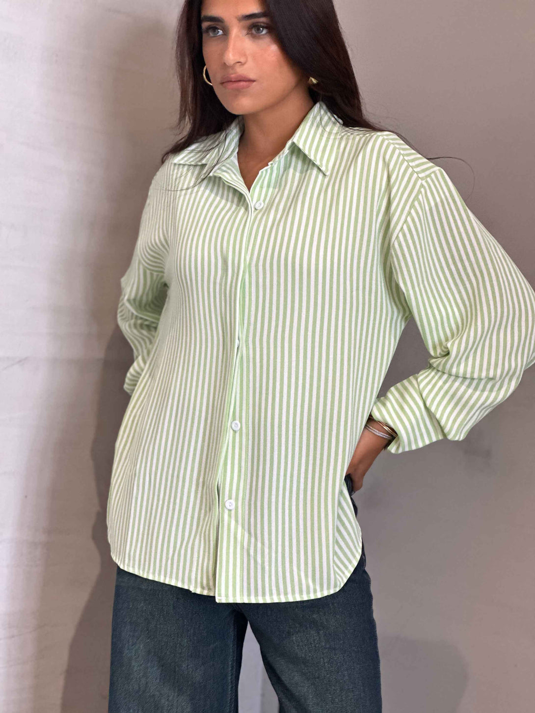 Shirt - Lime Green/White Striped. New Line CIZARO    - Cizaro Jeans