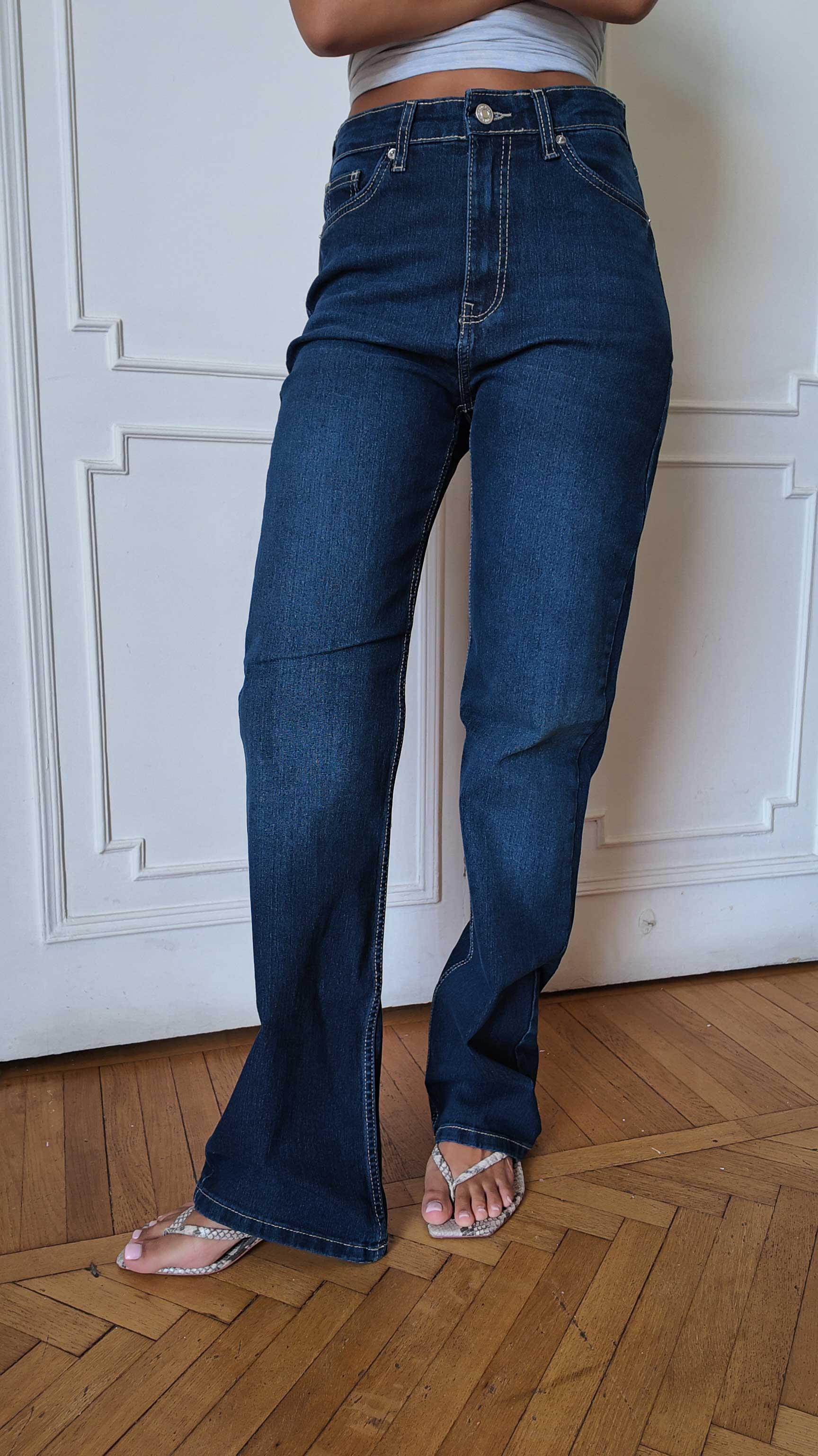 Outlined Straight High-Waist Dark Indigo Blue Straight CIZARO - Cizaro Jeans