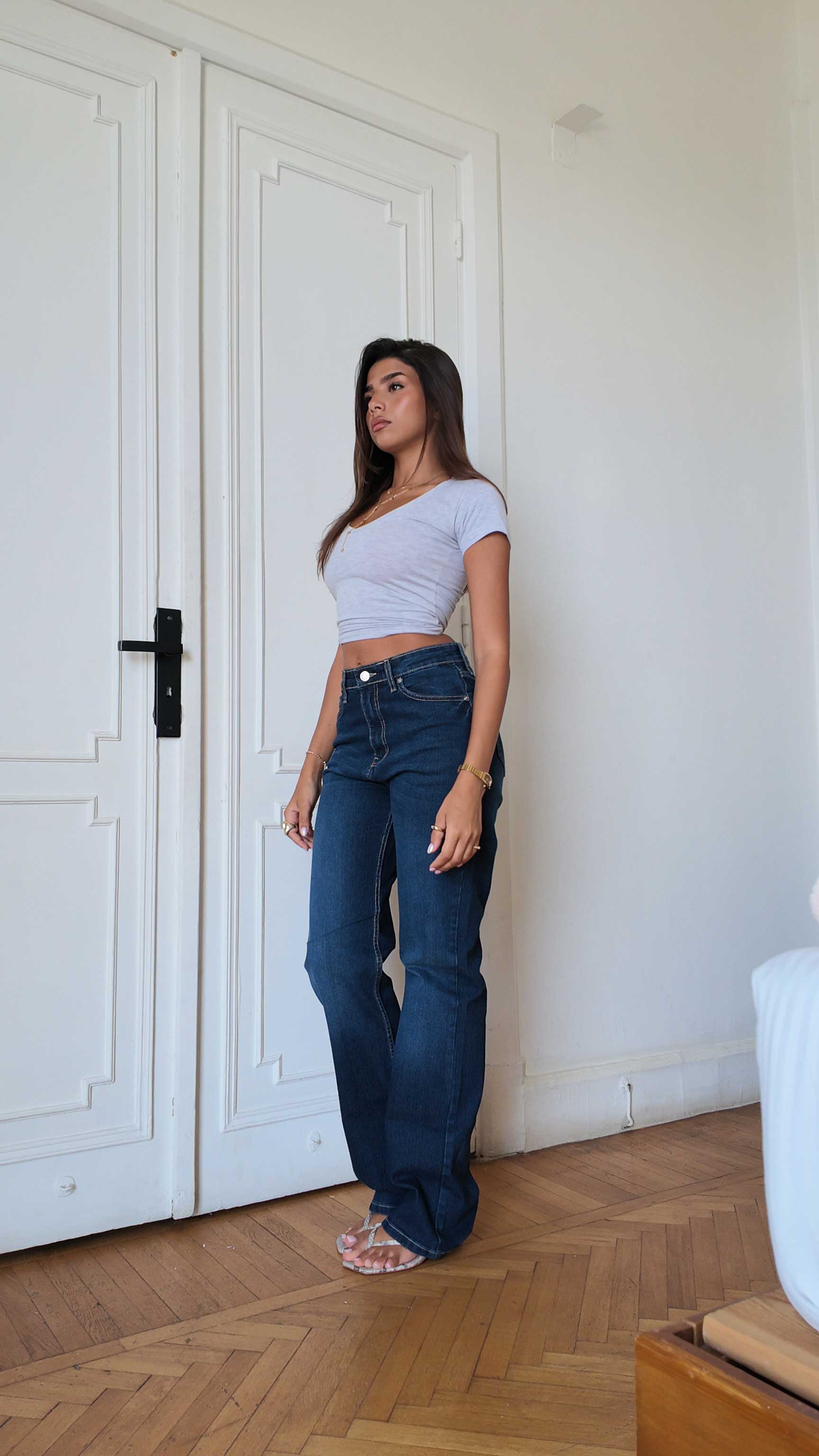 Outlined Straight High-Waist Dark Indigo Blue Straight CIZARO - Cizaro Jeans