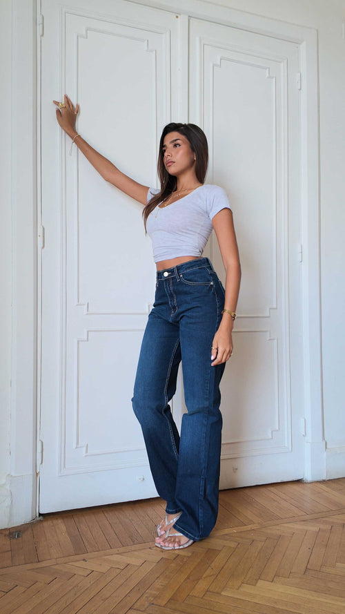 Outlined Straight High-Waist Dark Indigo Blue Straight CIZARO - Cizaro Jeans