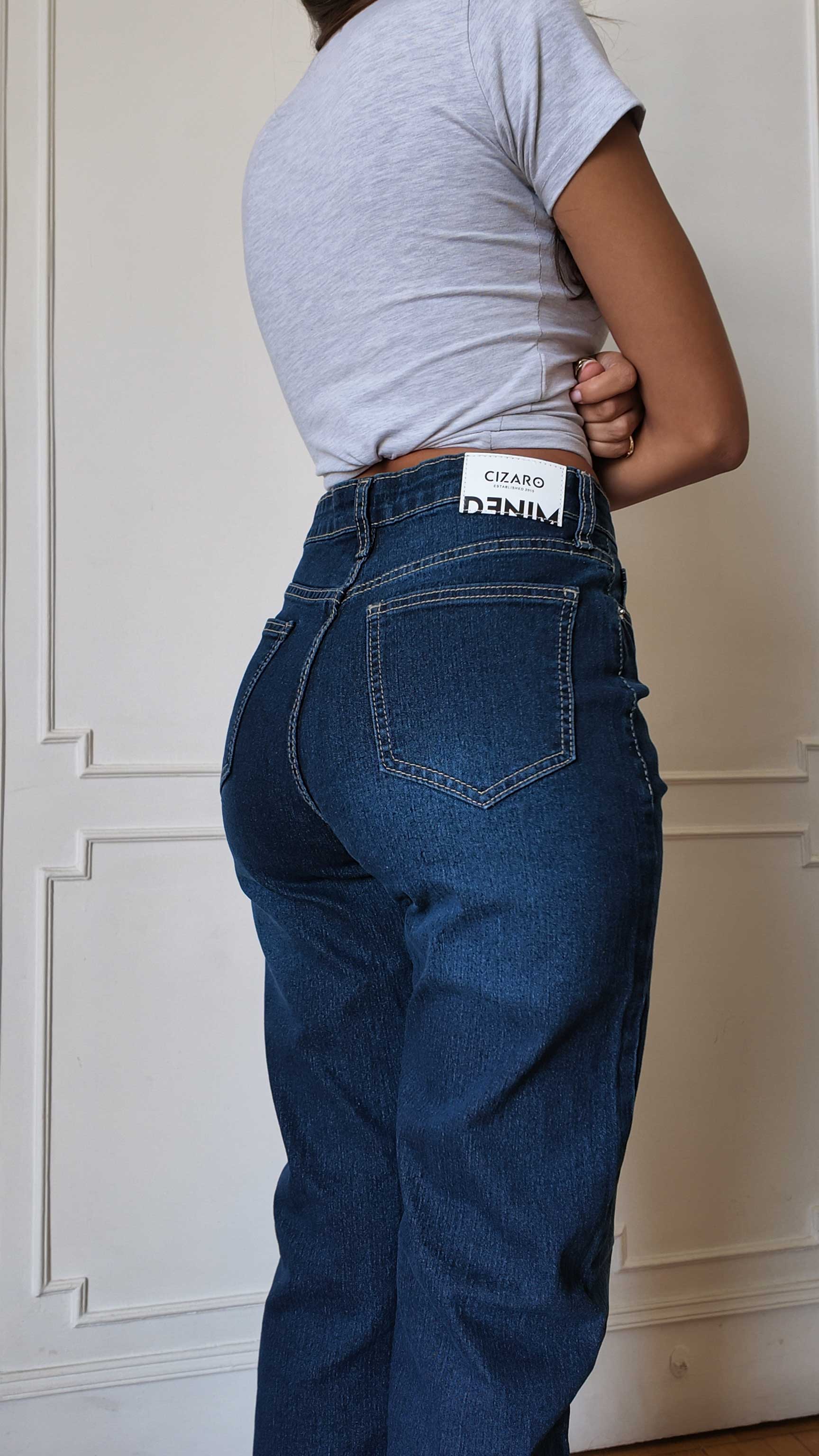 Outlined Straight High-Waist Dark Indigo Blue Straight CIZARO - Cizaro Jeans