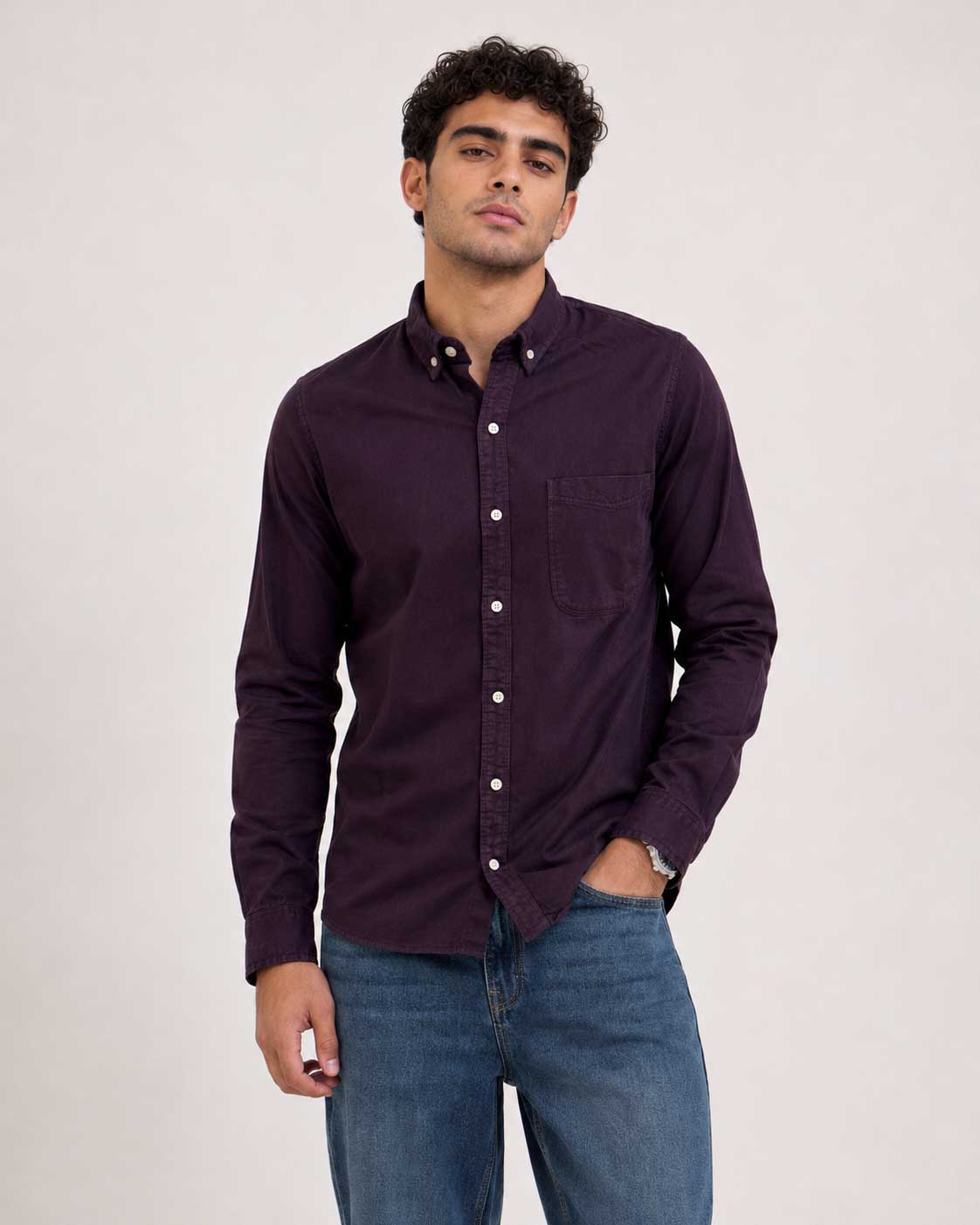Regular Fit Denim Shirt – Burgundy