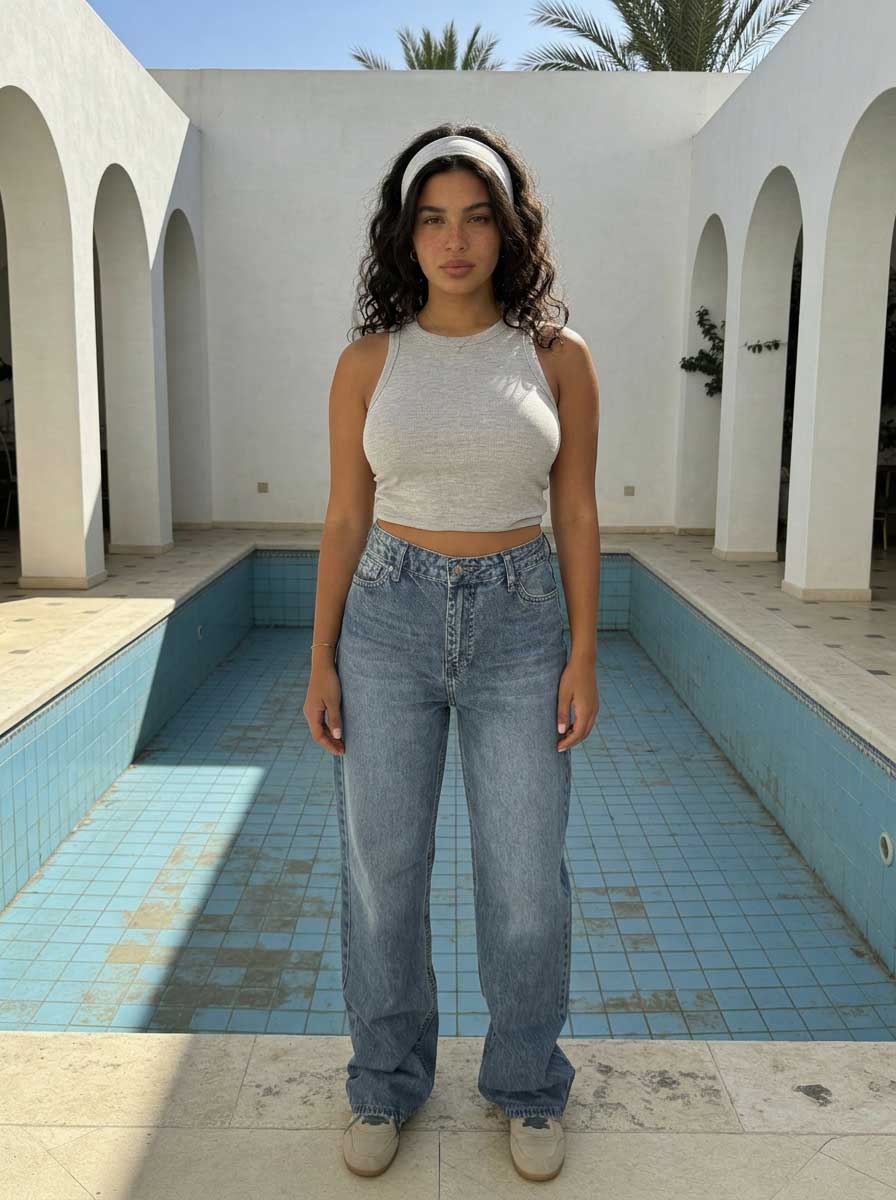 High waisted mid washed blue straight jeans