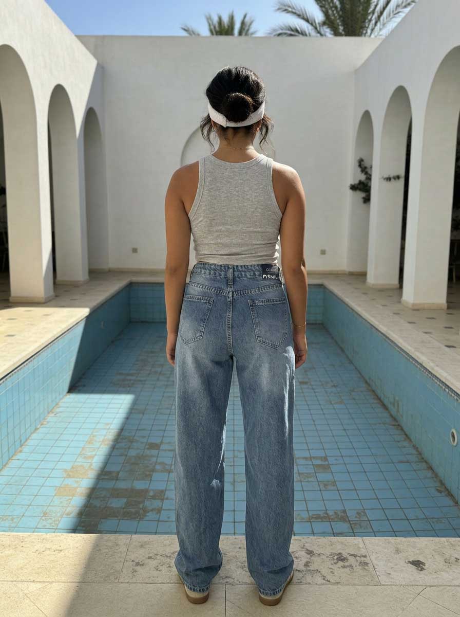 High waisted mid washed blue straight jeans