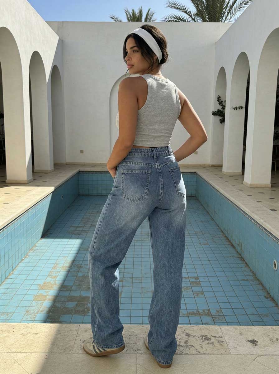 High waisted mid washed blue straight jeans