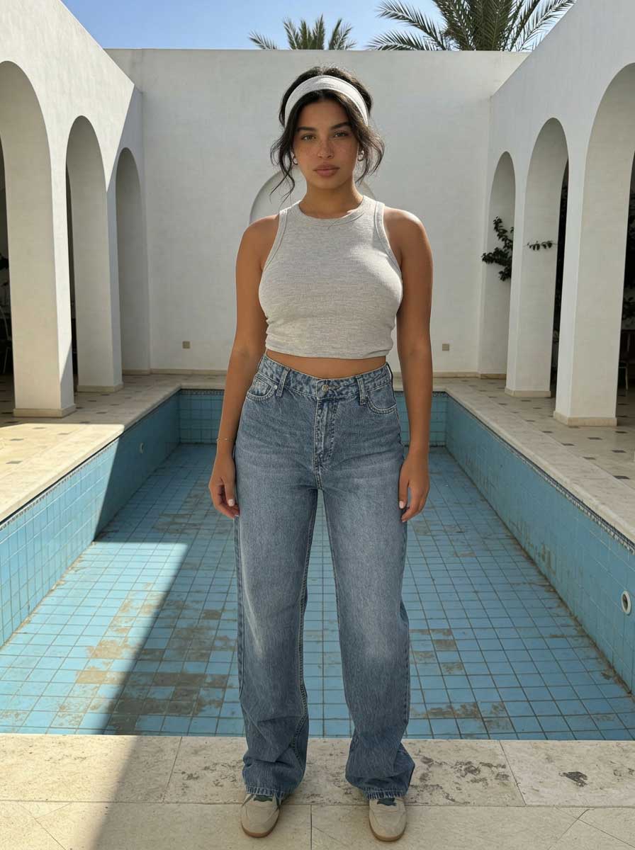 High waisted mid washed blue straight jeans