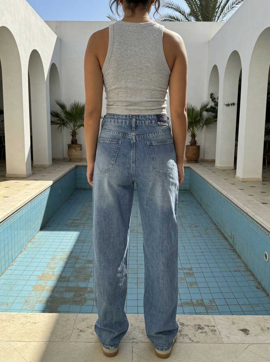 High waisted mid washed blue straight jeans