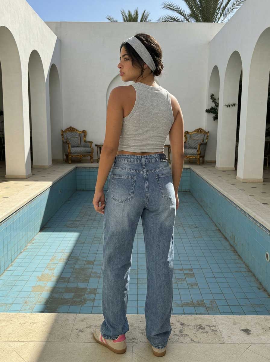 High waisted mid washed blue straight jeans