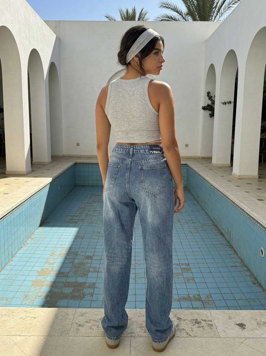 High waisted mid washed blue straight jeans