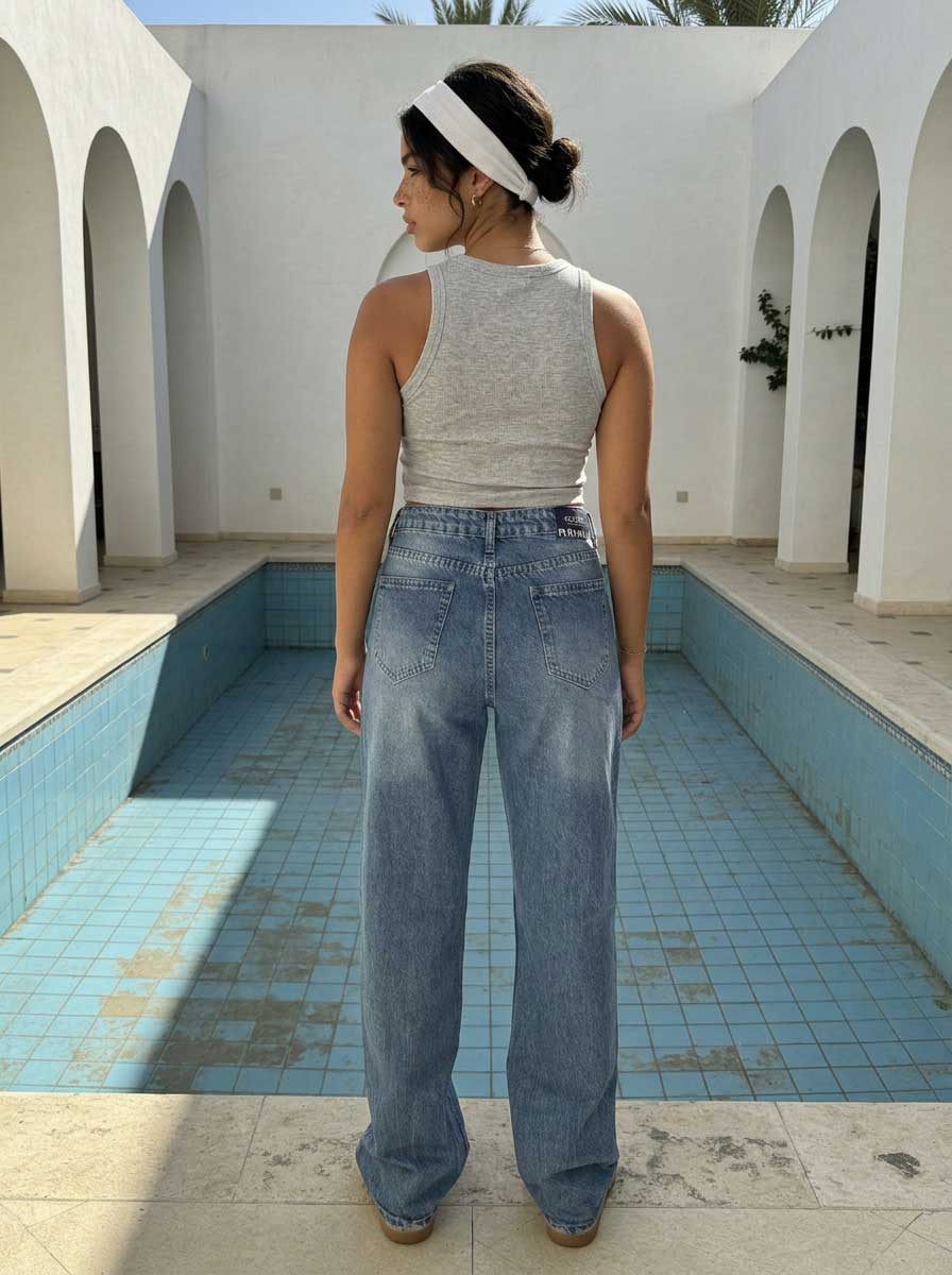 High waisted mid washed blue straight jeans