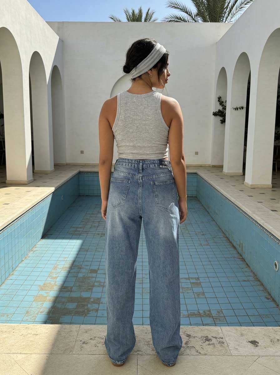High waisted mid washed blue straight jeans