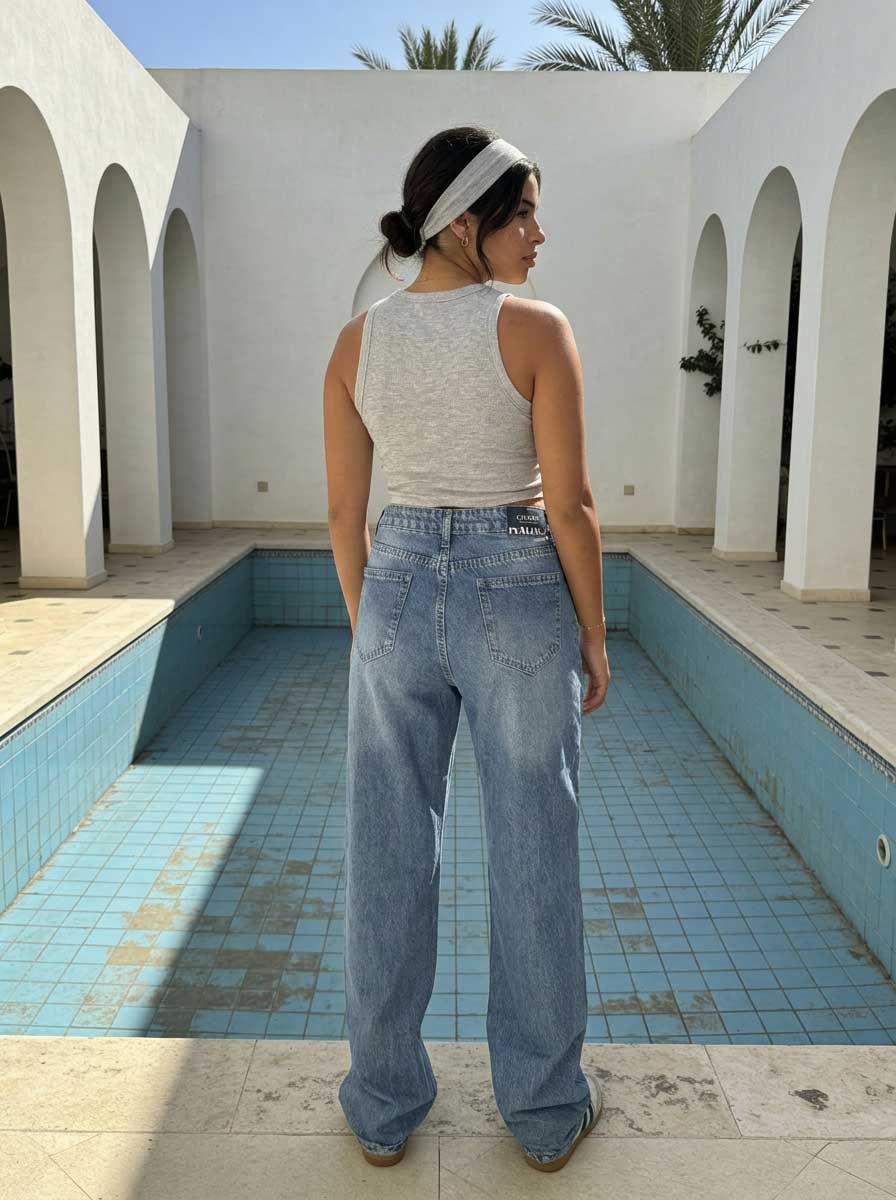 High waisted mid washed blue straight jeans