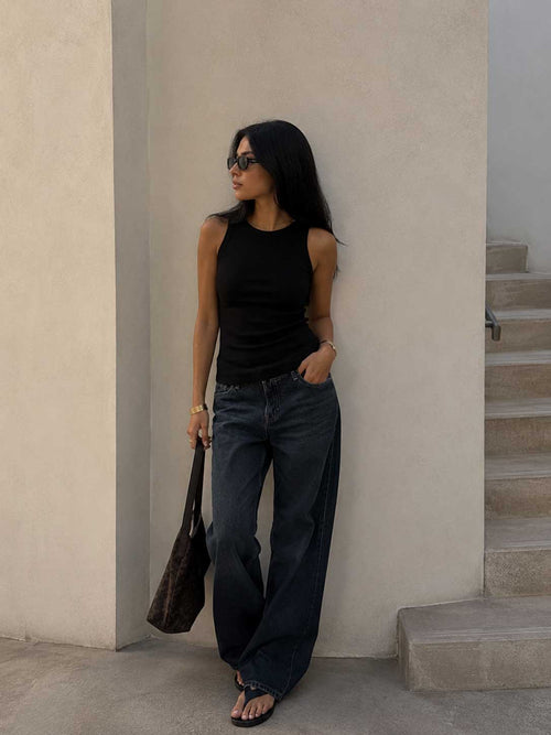 Ribbed Crew Neck Tank Top – Black Basic shirt CIZARO - Cizaro Jeans