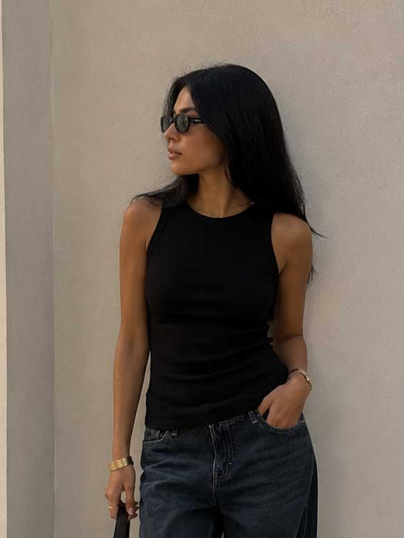 Ribbed Crew Neck Tank Top – Black Basic shirt CIZARO - Cizaro Jeans