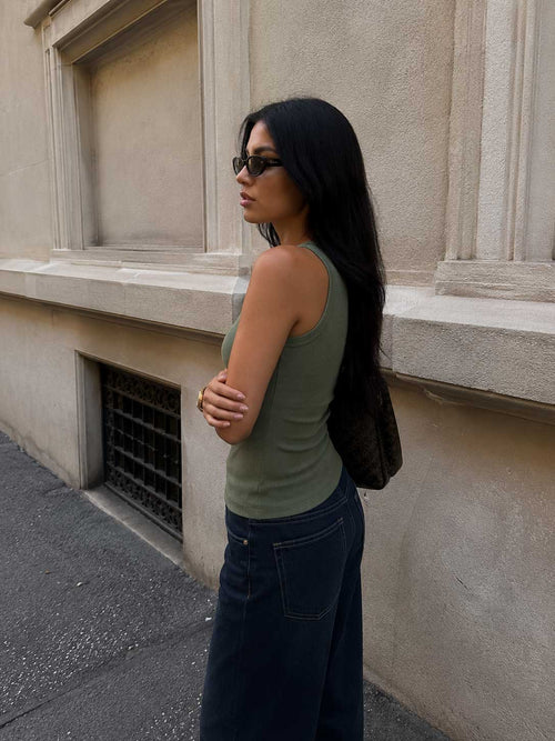Ribbed Crew Neck Tank Top – Olive Basic shirt CIZARO - Cizaro Jeans