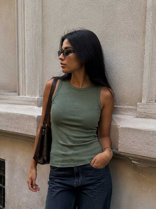 Ribbed Crew Neck Tank Top – Olive Basic shirt CIZARO - Cizaro Jeans