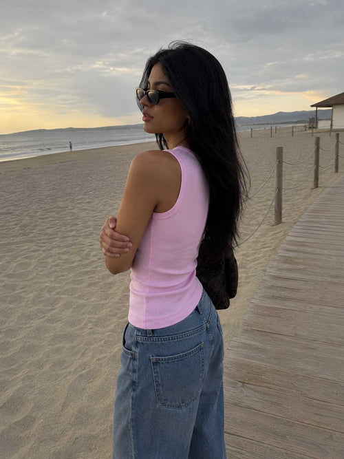 Ribbed Crew Neck Tank Top – Pink Basic shirt CIZARO - Cizaro Jeans