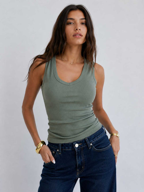 Ribbed V-neck Tank Top _ Olive V-neck top CIZARO - Cizaro Jeans
