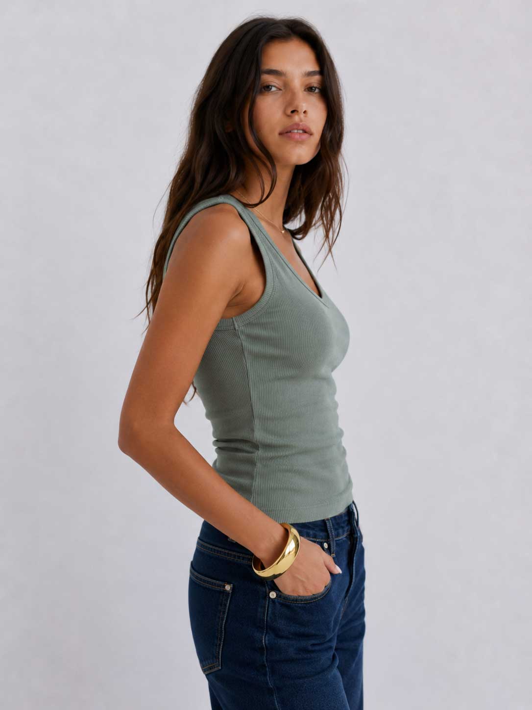 Ribbed V-neck Tank Top _ Olive V-neck top CIZARO - Cizaro Jeans