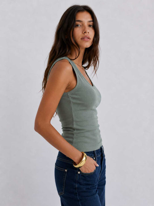 Ribbed V-neck Tank Top _ Olive V-neck top CIZARO - Cizaro Jeans