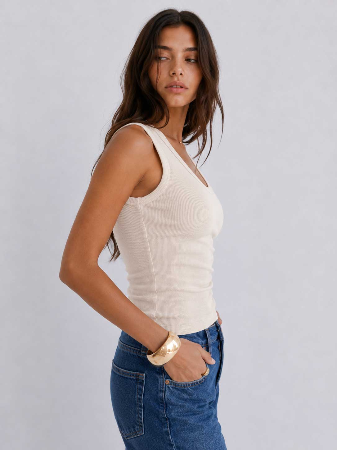Ribbed V-neck Tank Top _ Soft Sand