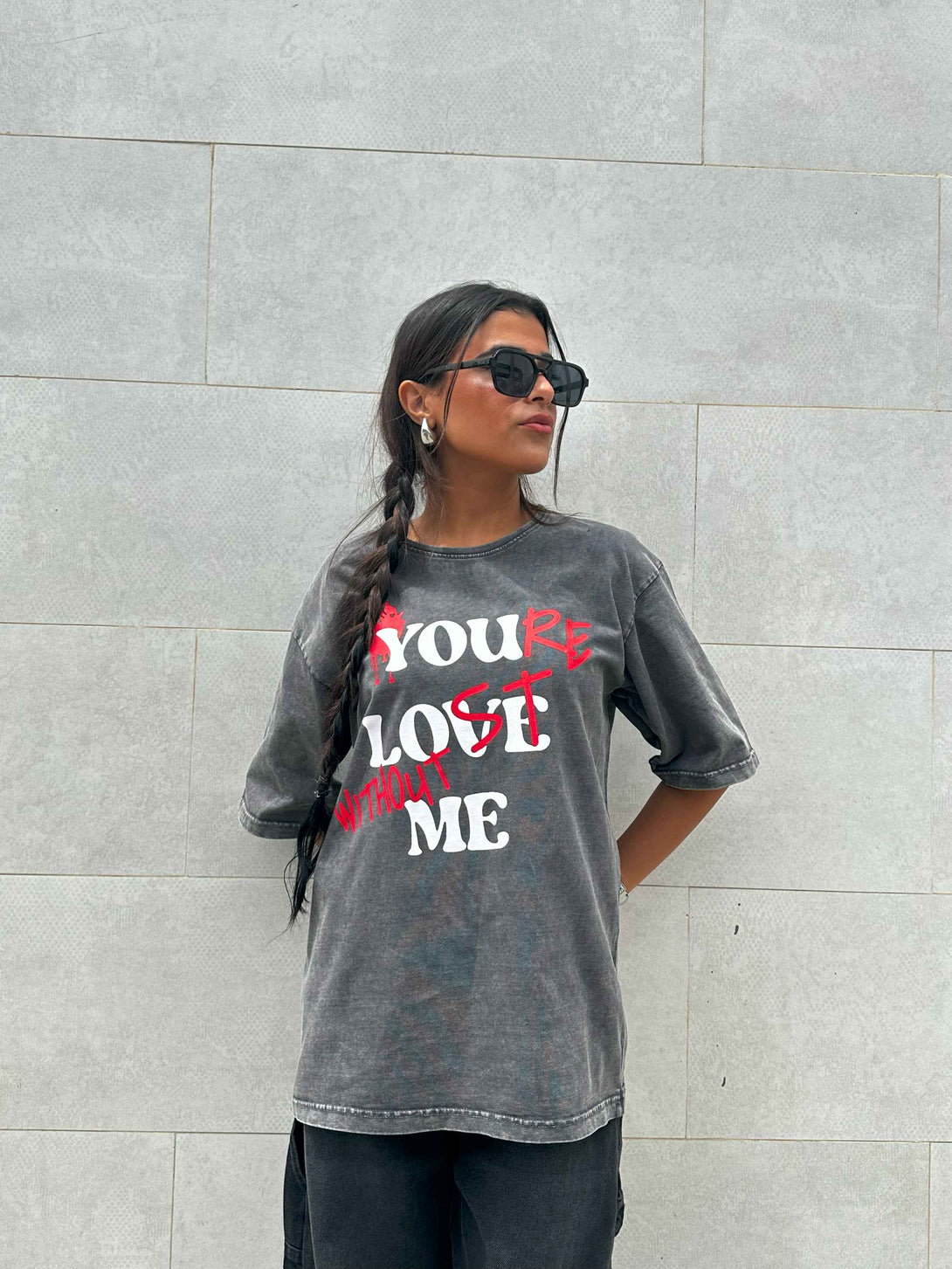 Graphic Print Washed Gery Oversized Tee. T-Shirts CIZARO    - Cizaro Jeans