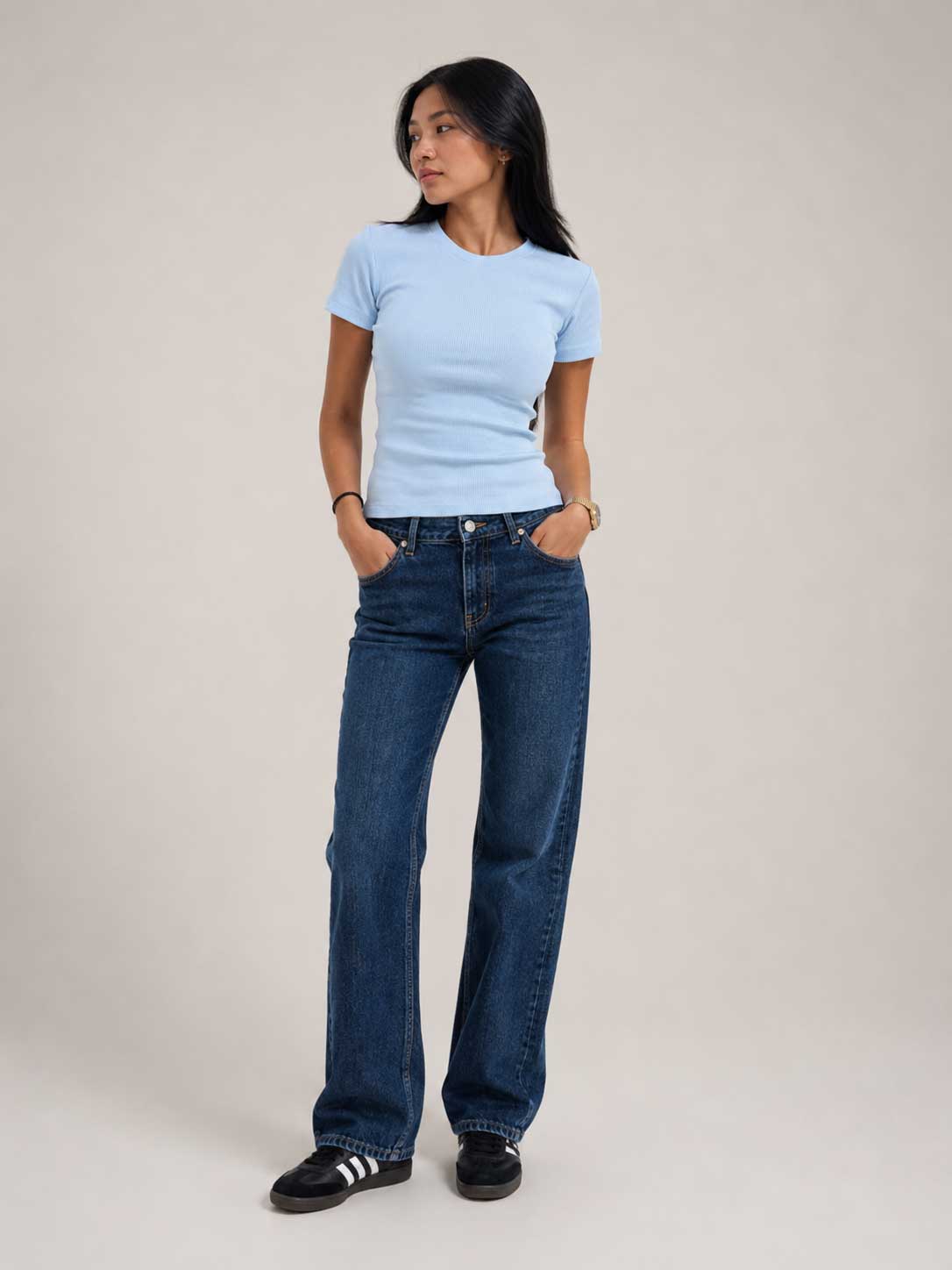 Short Sleeve Crew Neck Ribbed Top – Pastel Blue