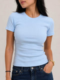Short Sleeve Crew Neck Ribbed Top – Pastel Blue