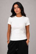 Short Sleeve Crew Neck Ribbed Top – White Top CIZARO - Cizaro Jeans