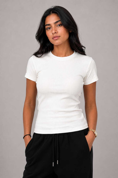 Short Sleeve Crew Neck Ribbed Top – White Top CIZARO - Cizaro Jeans