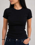 Short Sleeve Crew Neck Ribbed Top – Black