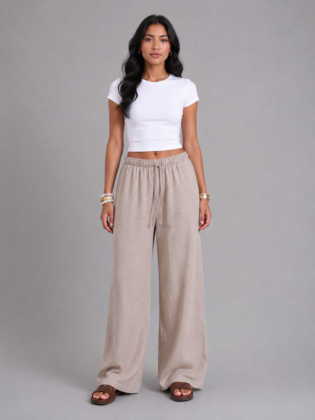 Wide Leg Pants – Linen Effect Soft Sand T-shirt CIZARO - Cizaro Jeans