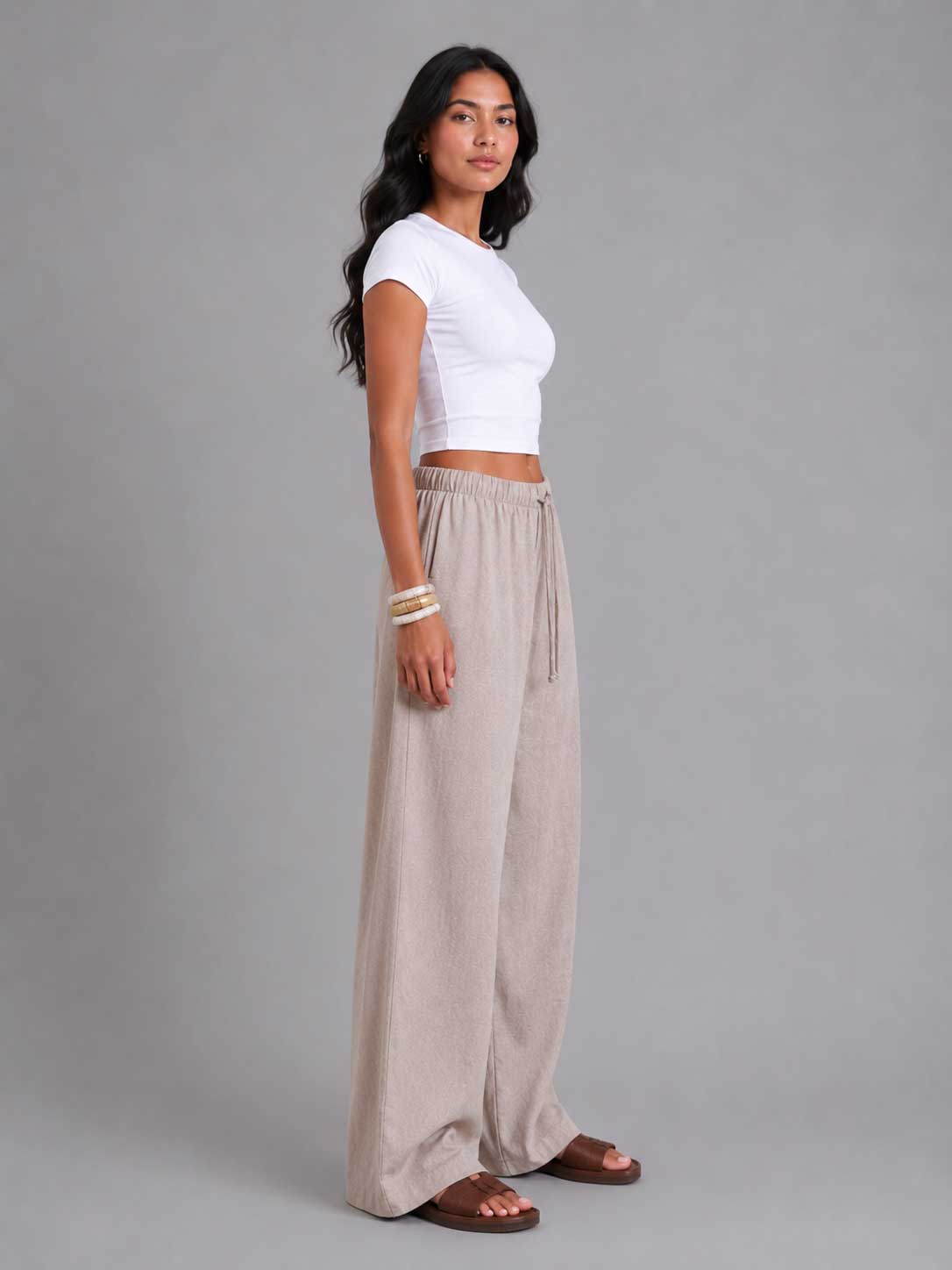 Wide Leg Pants – Linen Effect Soft Sand T-shirt CIZARO - Cizaro Jeans