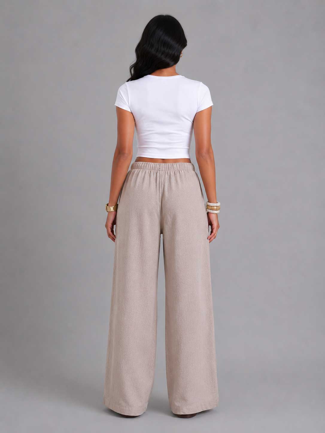 Wide Leg Pants – Linen Effect Soft Sand T-shirt CIZARO - Cizaro Jeans