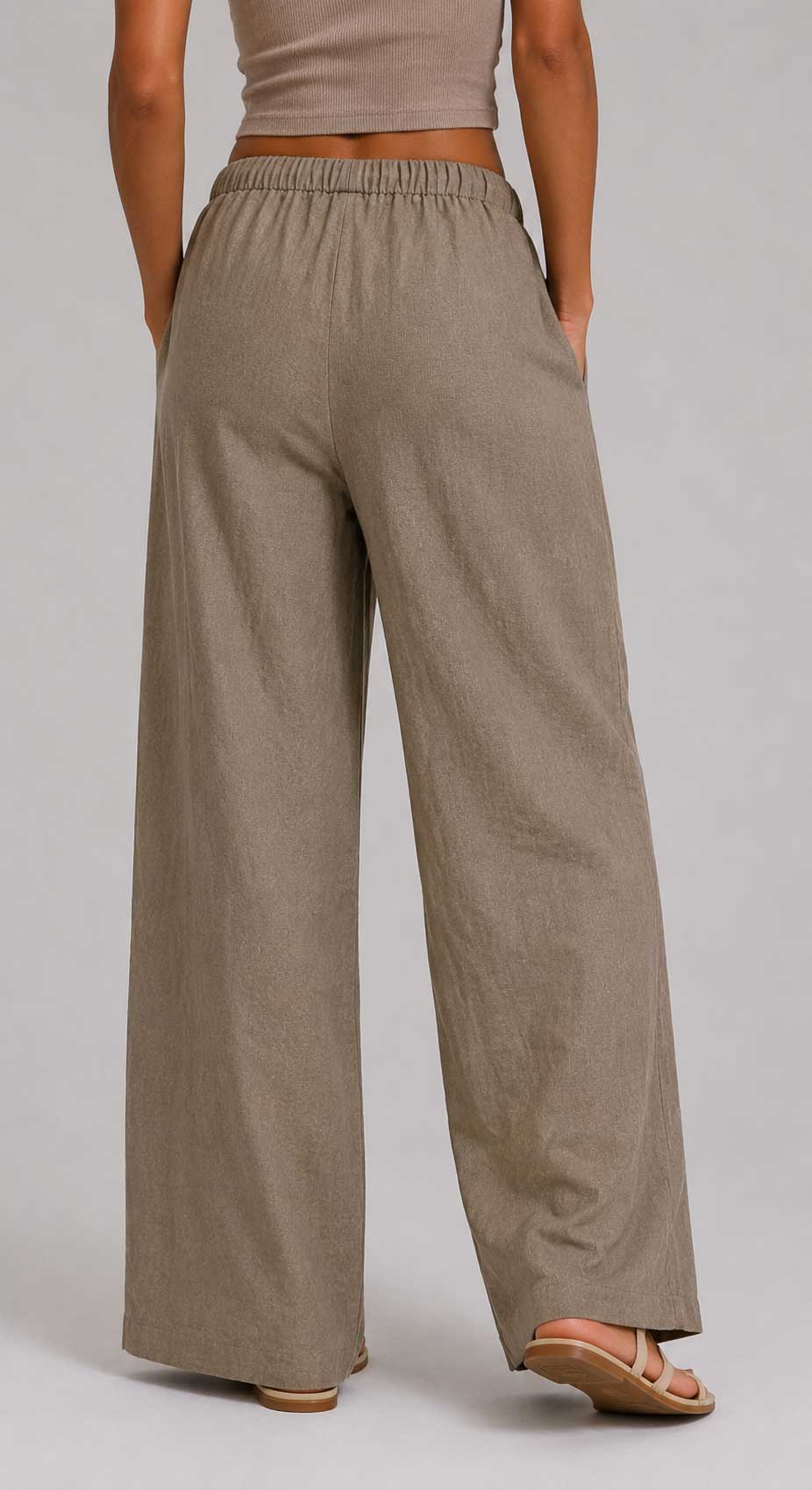 Linen Wide Leg Drawstring Trousers | Taupe Wide-leg CIZARO - Cizaro Jeans