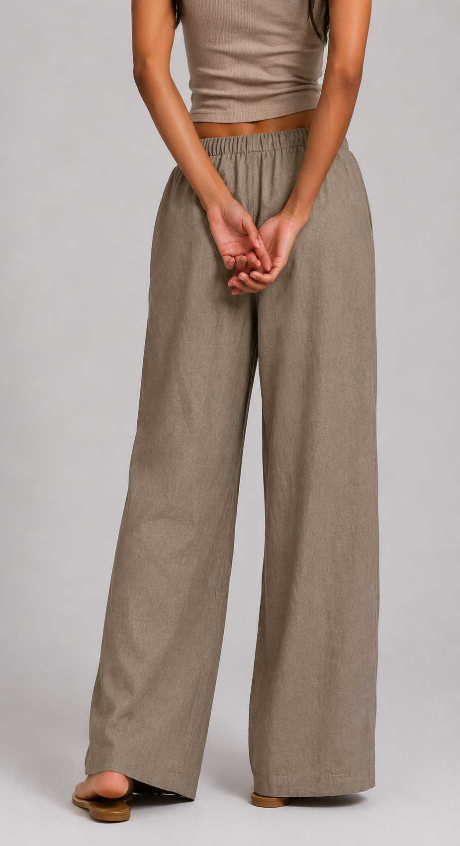 Linen Wide Leg Drawstring Trousers | Taupe Wide-leg CIZARO - Cizaro Jeans