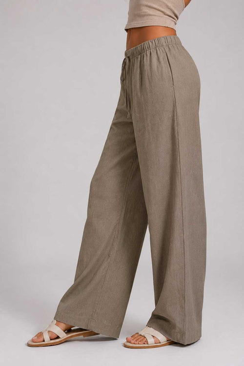 Linen Wide Leg Drawstring Trousers | Taupe Wide-leg CIZARO - Cizaro Jeans