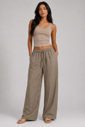 Linen Wide Leg Drawstring Trousers | Taupe Wide-leg CIZARO - Cizaro Jeans