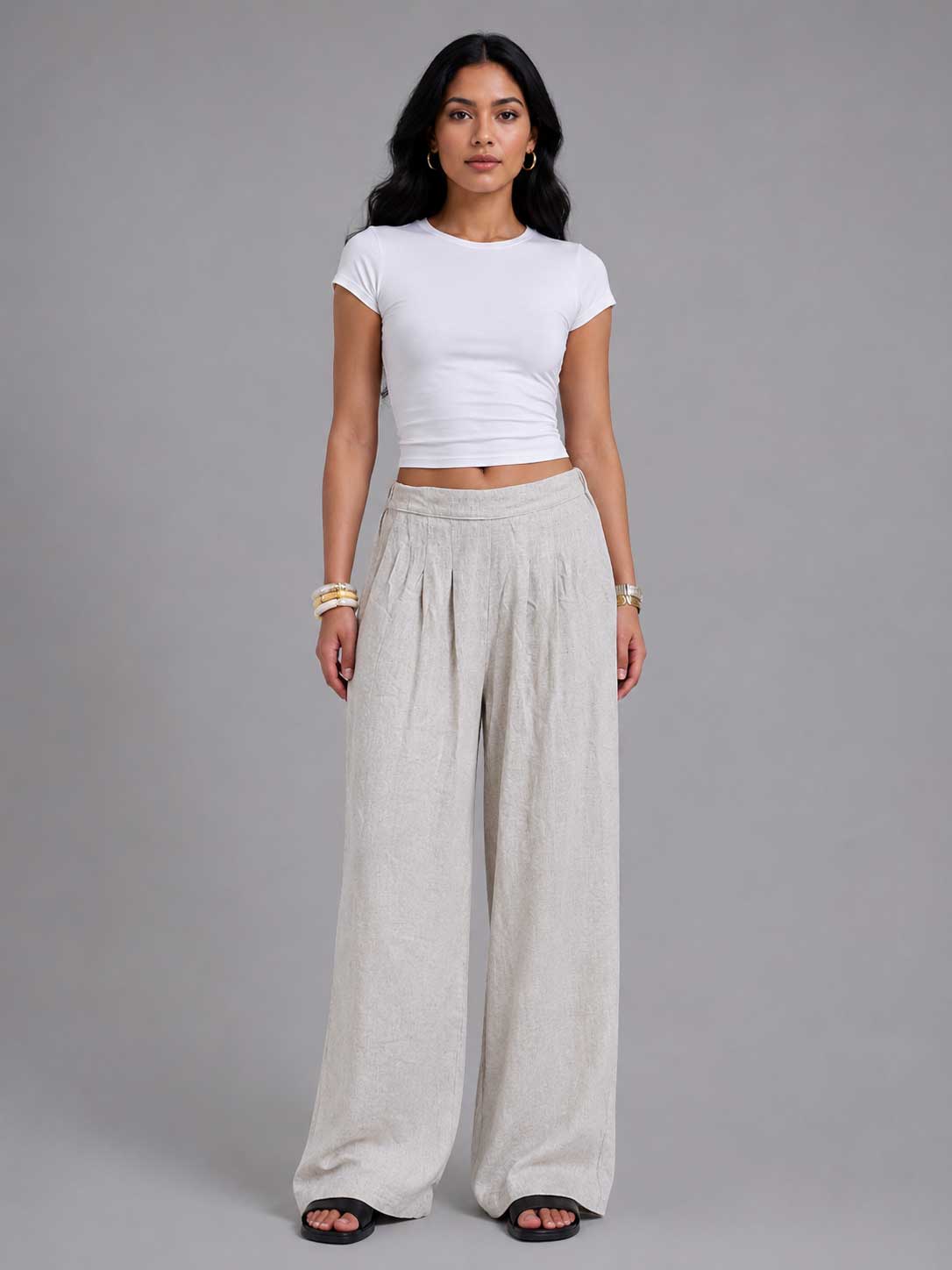 Linen Wide-Leg Pleated Trousers – Natural Beige
